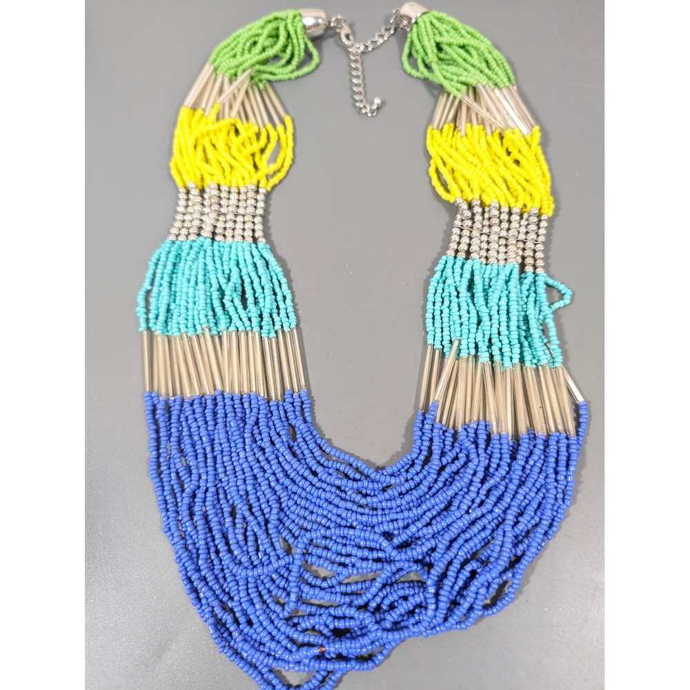 Colorful Multistrand Glass Seed Bead Necklace 24" Blue Yellow‎ Green - Picture 3 of 9
